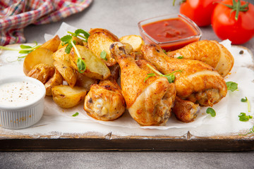 Fried chicken legs with baked potatoes, crispy skin, golden crust. Tomato and white sauces, spices. Delicious homemade food