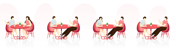 Fototapeta premium Cartoon Young Boy and Girl Talking Together Sit on Restaurant or Cafe.