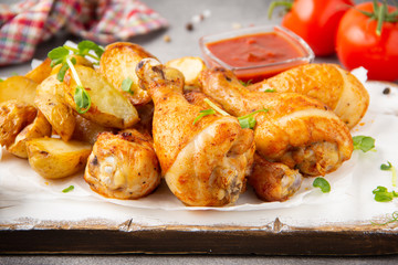 Fried chicken legs with baked potatoes, crispy skin, golden crust. Tomato and white sauces, spices. Delicious homemade food