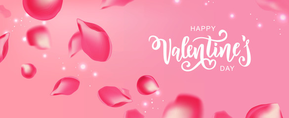 Happy Valentine's Day hand lettering typography with realistic looking rose petals. Vector design for greeting cards, banner, poster template. Celebration illustration.