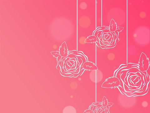 Drawing Rose Flowers Hang On Pink Bokeh Blur Background.