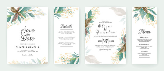Set of cards with greenery decoration. Floral wedding invitation template design of tropical and glitter leaves. Botanic illustration for save the date, details, menu, event, cover, poster vector