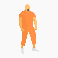 Big bald muscular prisoner. Convicted man. Male criminal arrested. Gangster in prison. Big guy with muscles. Killer man in jail. Jailhouse inmate. Jail uniform - Flat vector character illustration.