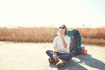 Naklejka na ściany i meble Korean woman is backpacking on an island in Korea.