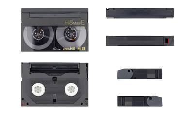 Collage of 6 photos of video cassettes (Hi8) from different sides. Isolated on white background.