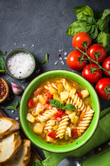 Minestrone with vegetable and pasta top view.