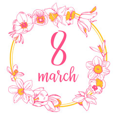 Design template for International women's day. Hand drawn colorful outline vector sketch illustration. Round composition with spring flowers