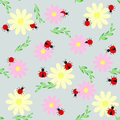 Obraz na płótnie Canvas Seamless floral pattern with green leaves and ladybugs, background for printing, fabrics