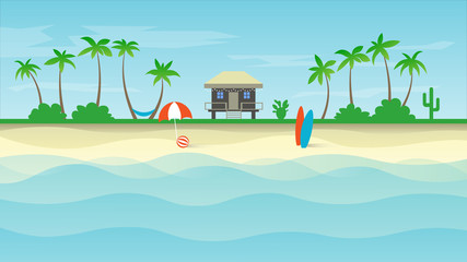 Vector banner with summer resort. Exotic bungalow on the ocean beach. Surf board and umbrella on the sand. Vacation at the hotel.Background illustration