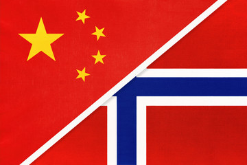 China or PRC vs Norway national flag from textile. Relationship between asian and european countries.