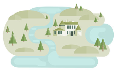 Landscape with house near river between hills and pine trees. Map elements in flat style.