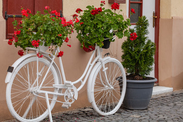 White bicycle as flower pot decoration outside of house