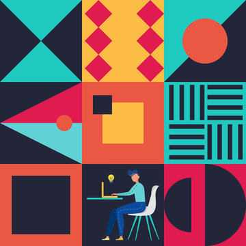 Retro Swiss graphic modernism, poster with people  and geometric shapes. Vector illustration