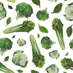 Seamless pattern veganism, cauliflower, celery, broccoli, herbs, Chinese salad. Gouache hand drawn illustration. Fresh food. Design for textiles, packaging, fabrics, menus, restaurants, cafes.