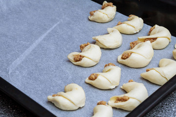 Cooking homemade bagels. Kneading dough, cutting and molding dough. Croissants.