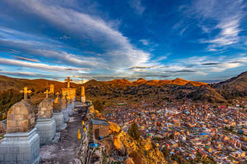 Bolivia, La Paz Department. Copacabana, main town at the shore of Lake Titicaca. Mount Calvario...