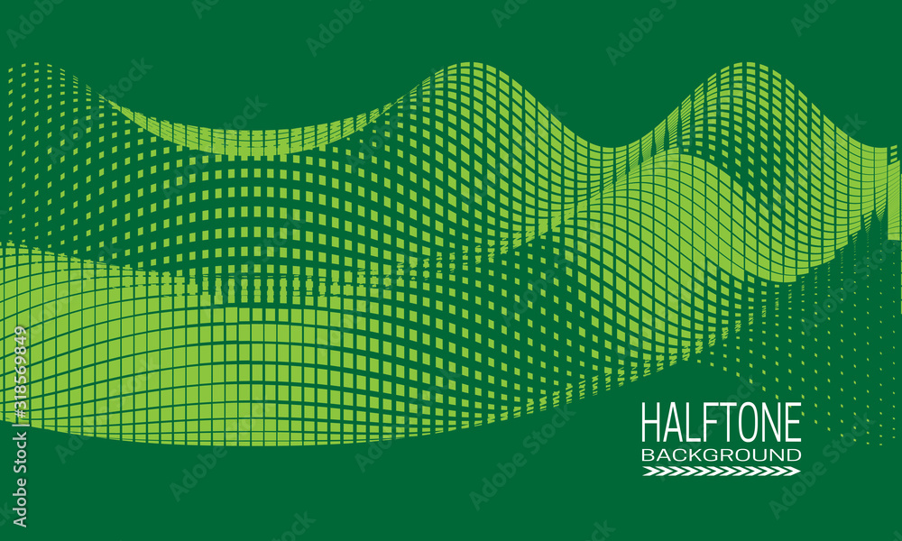 Wall mural abstract vector halftone background design with wavy texture of square dots. green monochrome printi