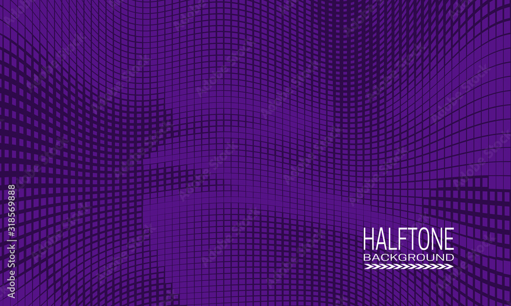 Poster halftone background design with monochrome purple curved space. abstract printing raster of cyberspa