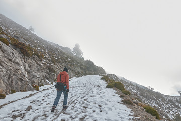 Fototapeta premium Man hiking with camera in a forest with snow, oak tree, rocks and bright sun in Sierra de las Nieves