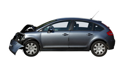 Front of gray car damaged and broken by accident