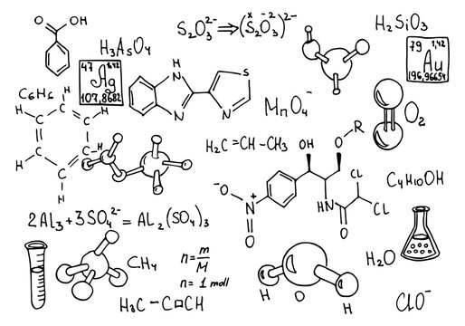 Chemical formula and outlines on whiteboard. Vector doodle set. Education background.