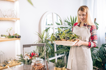 People, business, sale and floristry concept. young caucasian woman florist, small business owner checking her fresh flowers and plants stocks. taking care of plants and flowers in retail shop
