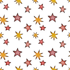 Pattern with watercolor elements, red and yellow stars