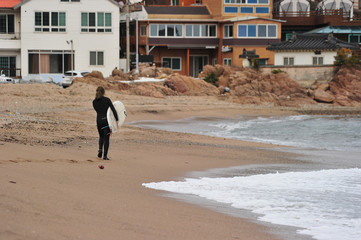 Korean Winter surfers at the Buheung-ri beach in Namjeong-Myeon, Yeongdeok-gun, South Korea.