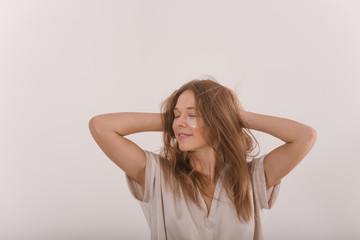 Fototapeta premium Portrait of a young woman with with a eyepatch on her face.