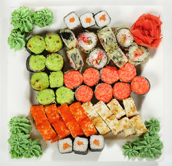 Asian food, fast food. Sushi set top view.