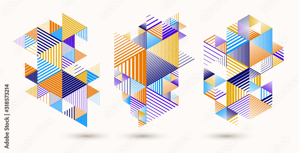 Poster abstract polygonal backgrounds with stripy triangles and 3d cubes vector designs set. templates for 