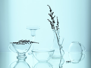 white still life of glass objects on a light background and with dried flowers.