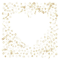 Memphis style geometric confetti vector background of triangle circle square shapes, chevron wavy lines.