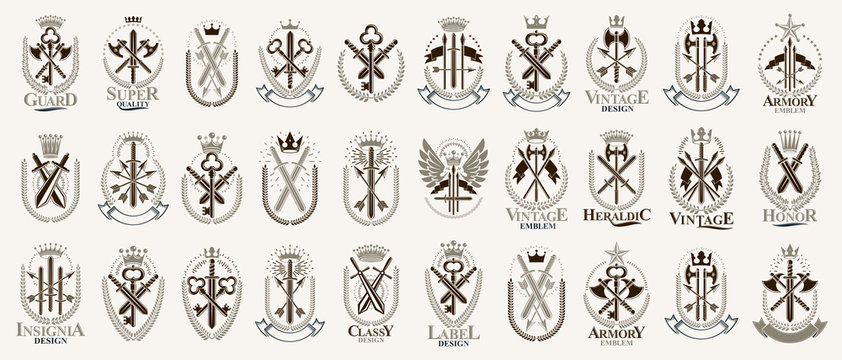 Weapon logos big vector set, vintage heraldic military emblems collection, classic style heraldry design elements, ancient knives spears and axes symbols.