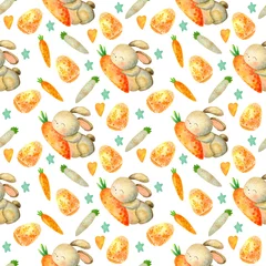 Photo sur Plexiglas Lapin Motif de Pâques aquarelle. Texture transparente dessinée à la main de vecteur avec des lapins blancs, des fleurs, des branches et des oeufs colorés