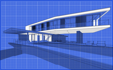 Fototapeta premium 3d rendering of modern cozy house on the hill with garage and pool for sale or rent. Black line sketch with soft light shadows and white spot on blueprint background.