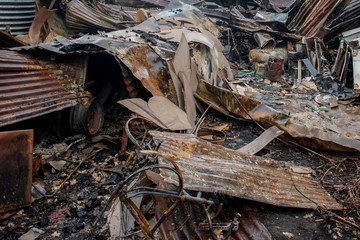 Australian bushfire aftermath: Burnt building ruins and rubble at Blue Mountains, Australia