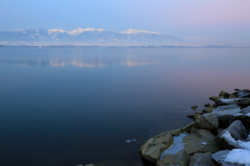 evening landscape on mountain lake