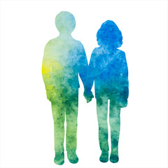 vector, isolated, blue watercolor silhouette of children
