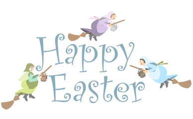 Happy Easter Greetings with scandinavian Easter Witches flying on broomsticks to Blockula (Blåkulla), vector illustration