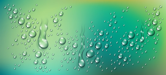 Water rain drops or condensation over blurred green nature background beyond the window, realistic transparent 3d vector illustration, easy to put over any background.