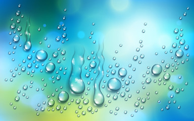 Water rain drops or condensation over blurred green and blue nature background beyond the window, realistic transparent 3d vector illustration, easy to put over any background.