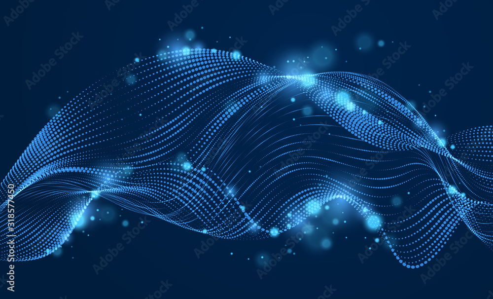 Poster 3d particles mesh array, sound wave flowing over dark. round shining points vector effect illustrati