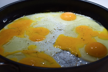 Fried eggs in a pan. Cooking process. Close-up.