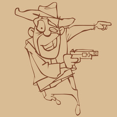 sketch of a cartoon cheerful gangster in a hat and with a gun in his hands