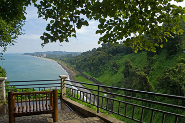 An observation deck with a bamboo bench in the shade of deciduous trees. View of the blue sea and the coastline to the horizon with a high, green-covered shore. Batumi Botanical Garden
