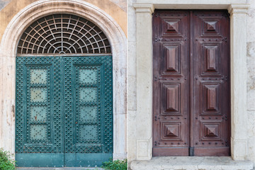 two old wooden doors trimmed with metal decorations from different cities of Europe
