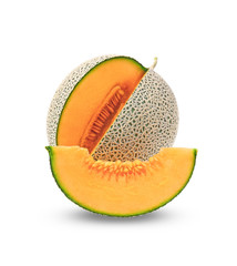 whole and slice of japanese melons, orange melon or cantaloupe melon with seeds isolated on white background