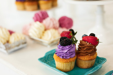 Sweets on the festive table.Holiday table with sweets, chocolate cupcakes with multi-colored toppings and colored cream