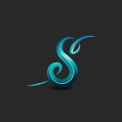 Obraz premium Calligraphic monogram letter S logo, ornate feminine initial symbol in the old style, creative emblem for fashion boutique aquamarine color.